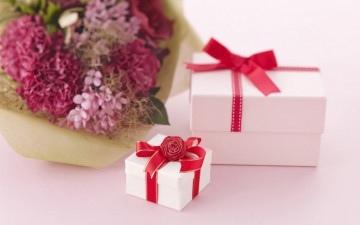 обоя праздничные, подарки и коробочки, цветы, подарки, ленты, банты
