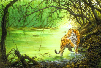 обоя рисованное, животные,  ягуары,  леопарды, ягуар, лес, озеро