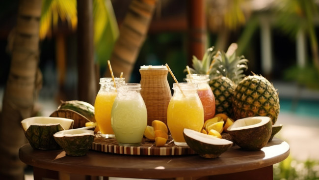 Обои картинки фото еда, напитки,  сок, лимон, ананас, соки, кокос