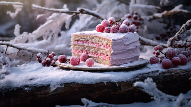 Обои картинки фото еда, торты, снег, торт, ягоды