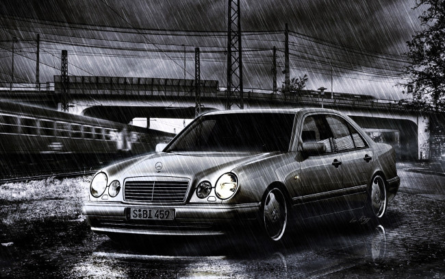 Обои картинки фото рисованное, авто, мото, машина, дождь, мерседес, мост