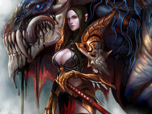 Картинка фэнтези красавицы чудовища эльфийка дракон воительница