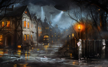 Картинка рисованные города машина улица дома фонари вечер город