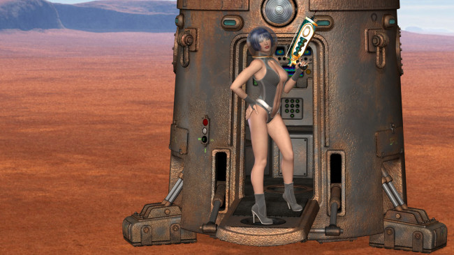Обои картинки фото tessa,  space girl, 3д графика, fantasy , фантазия, оружие, пустыня, девушка