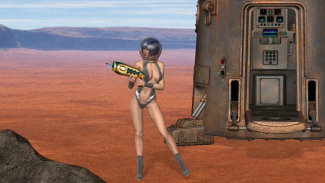 Обои картинки фото tessa,  space girl, 3д графика, fantasy , фантазия, пустыня, девушка, оружие