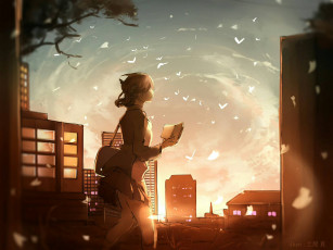 Картинка аниме город +улицы +здания девушка закат