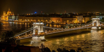обоя города, будапешт , венгрия, панорама, вечер, огни, мост, река