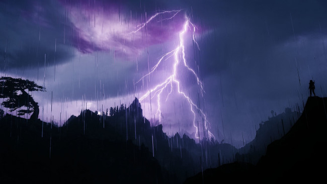 Обои картинки фото природа, молния,  гроза, силуэт, дождь, дерево, небо, тучи, горы
