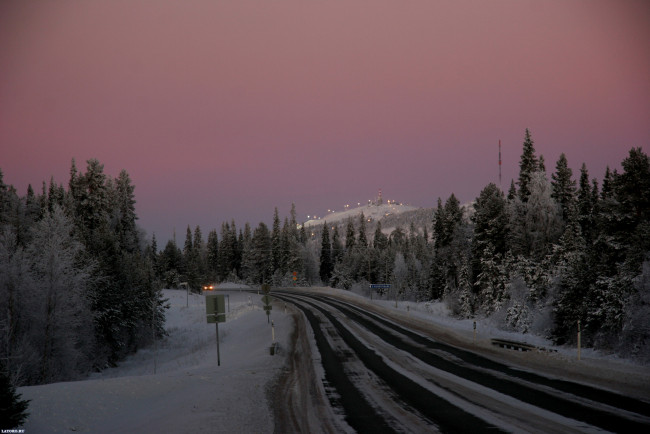 Обои картинки фото природа, дороги, дорога, снег, вечер