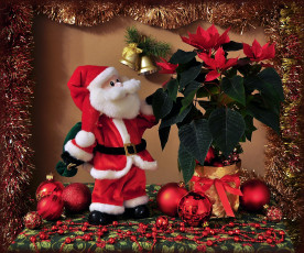 Картинка праздничные дед+мороз +санта+клаус мишура клаус пуансеттия санта шарики