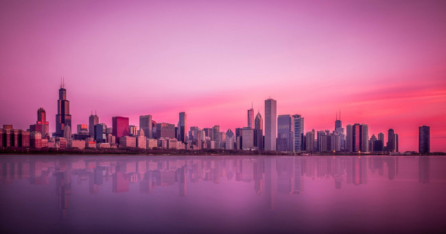 Обои картинки фото города, Чикаго , сша, иллинойс, Чикаго, отражение, закат, горизонт, зеркало, озеро, мичиган