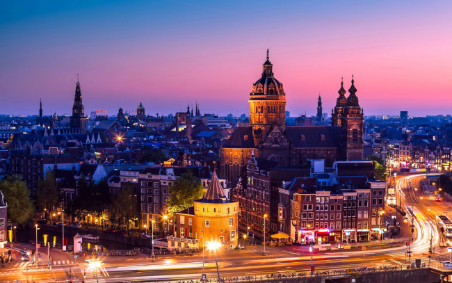 Обои картинки фото города, амстердам , нидерланды, вечер, огни, улица