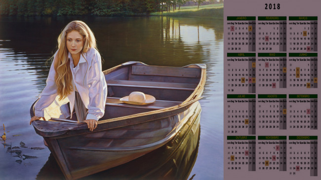 Обои картинки фото календари, рисованные,  векторная графика, девушка, взгляд, лодка, шляпа, водоем
