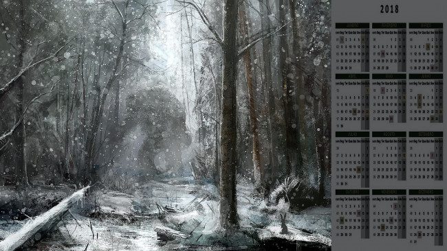 Обои картинки фото календари, фэнтези, существо, лес, снег, деревья