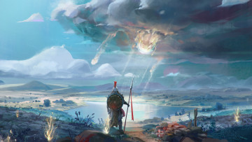 Картинка фэнтези люди копье щит воин метеорит небо панорама