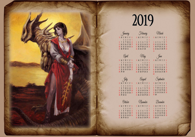 Обои картинки фото календари, фэнтези, книга, дракон, девушка