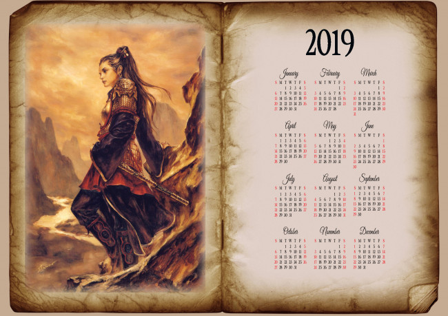 Обои картинки фото календари, фэнтези, книга, гора, оружие, девушка, воительница