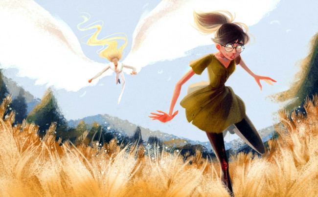 Обои картинки фото фэнтези, ангелы, девушка, поле, ангел, погоня