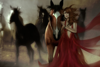 Картинка 3д графика people люди девушка лошади