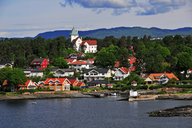 Обои картинки фото норвегия, осло, города, река, дома