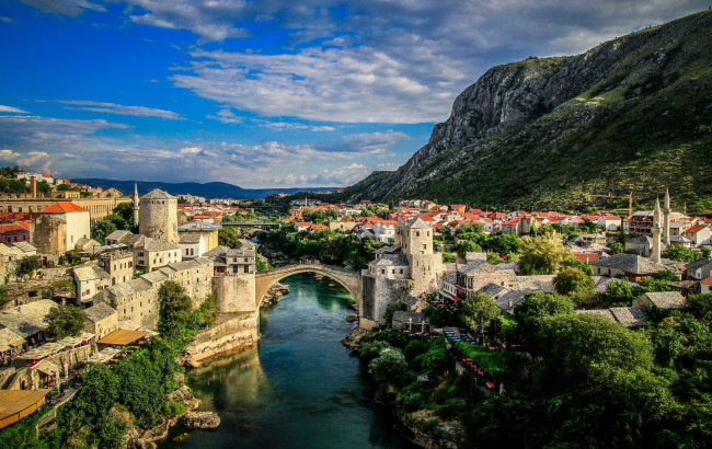 Обои картинки фото река, bosna, hercegovina, города, мостар, босния, герцеговина, старый, мост, и, i, mostar, горы, неретва