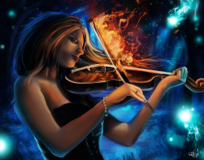 обоя фэнтези, магия, игра, смычок, лес, девушка, пламя, скрипка