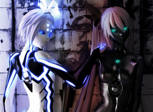 Картинка фэнтези роботы +киборги +механизмы неон андроид робот девушки рендер hatsune miku kagamine rin phosphorescent carbon black арт
