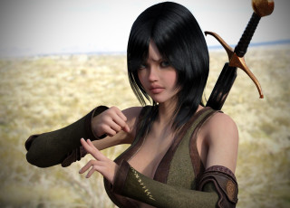 Картинка 3д+графика фантазия+ fantasy взгляд фон девушка поза оружие