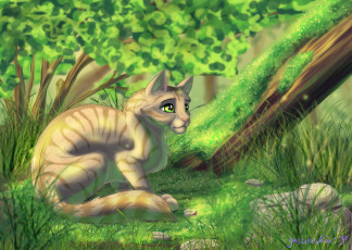 Картинка рисованное животные +коты взгляд кошка лес ветки