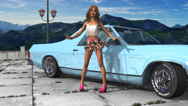 Обои картинки фото автомобили, 3d car&girl, автомобиль, взгляд, фон, девушка