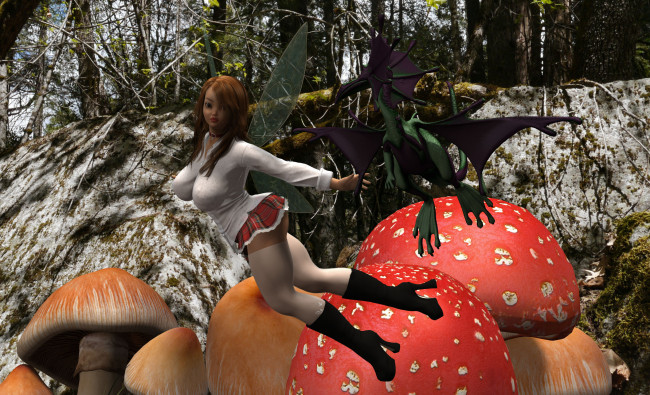 Обои картинки фото 3д графика, эльфы , elves, грибы, дракон, полет, фон, взгляд, фея