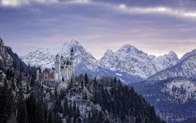 Обои картинки фото города, замок нойшванштайн , германия, панорама, зима, замок, горы, бавария, нойшванштайн, germany, bavaria, neuschwanstein, castle