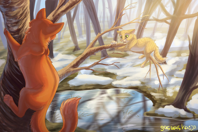 Обои картинки фото рисованное, животные,  коты, лес, кошки, снег, деревья