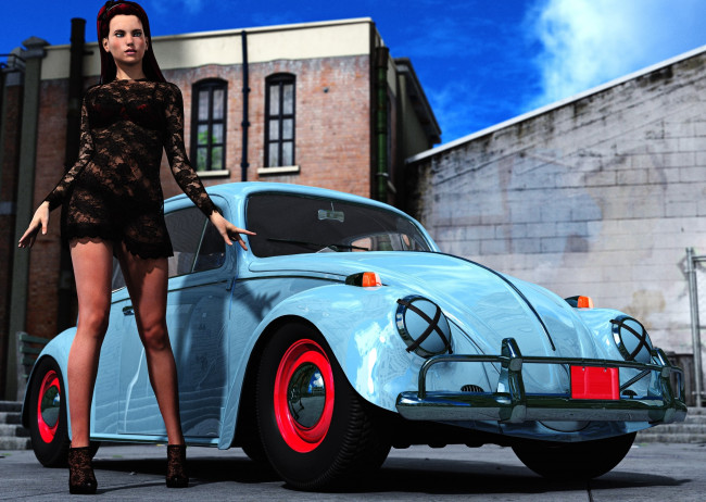 Обои картинки фото автомобили, 3d car&girl, девушка, фон, автомобиль, взгляд