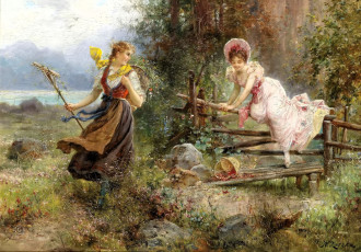 обоя рисованное, hans zatzka, женщины, перелаз, корзина, грабли, озеро