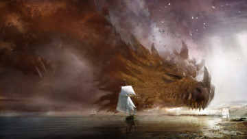 Картинка фэнтези драконы буря корабли туча дракон