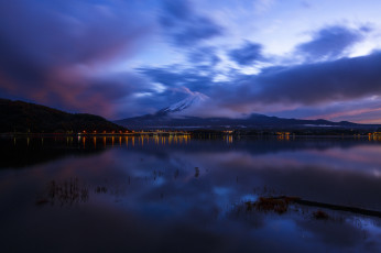 Картинка природа реки озера ночь океан залив гора вулкан фудзияма хонсю Япония отражение облака небо синее