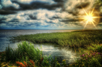 Картинка природа восходы закаты солнце озеро тучт трава