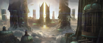 Картинка фэнтези иные+миры +иные+времена арт город мегаполис закат облака высота будущее транспорт купола