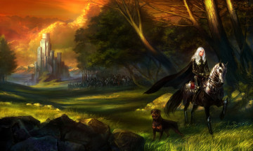 Картинка фэнтези девушки арт замок девушка всадница конь собака армия трава камни лес