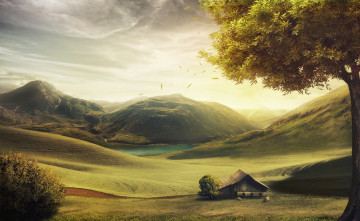 Картинка фэнтези фотоарт ранчо деревья дом равнина горы