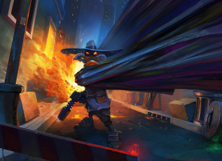 Картинка фэнтези существа Черный плащ супергерой шляпа маска пистолет проулок взрыв мусорный бак