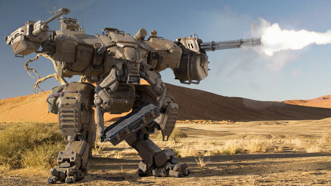 Обои картинки фото фэнтези, роботы,  киборги,  механизмы, робот, шагатель, пулеметы, огонь, стрельба, пустыня, пески