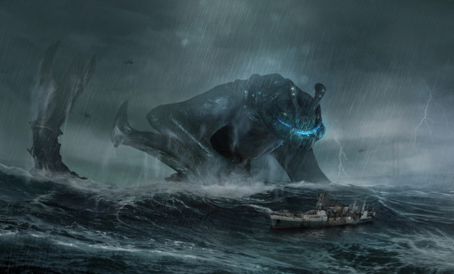 Обои картинки фото фэнтези, существа, гигант, монстр, гроза, дождь, шторм, kaiju, pacific, rim, буря, море, otachi, волны, корабль