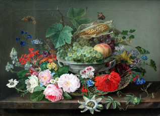 обоя рисованное, живопись, натюрморт, цветы, бабочки, фрукты