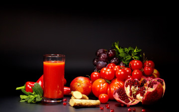 Картинка еда напитки +сок сок гранат перец помидоры фрукты зелень стакан апельсиновый виноград томаты