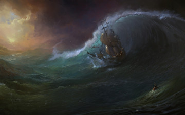 Картинка рисованное живопись тонущий человек тучи парусник шторм водоем