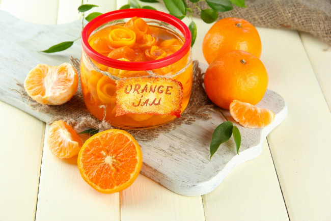 Обои картинки фото еда, мёд,  варенье,  повидло,  джем, доска, дольки, апельсин, банка