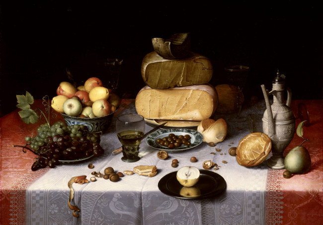 Обои картинки фото рисованное, floris van dijck, флорис, клас, ван, дейк, кувшин, виноград, картина, яблоко, фрукты, еда