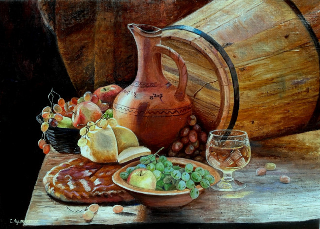 Обои картинки фото рисованное, еда, натюрморт, с, виноградом, бочонок, луценко, бренди, живопись, фрукты, кувшин, картина, бокал, вино, рисунок